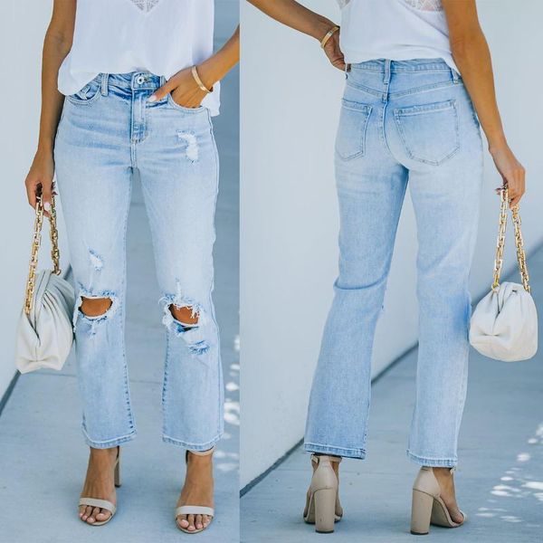 

women's jeans 2021 autumn and winter street trendy denim blue washed mid-rise light-colored