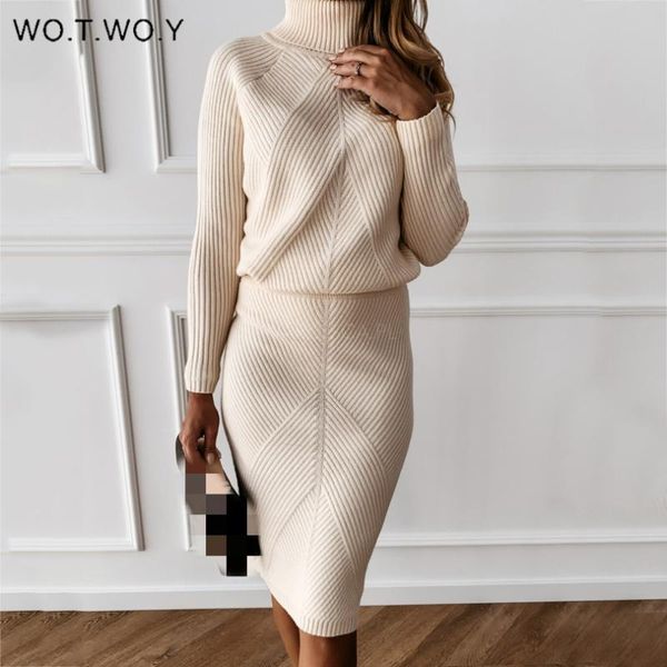 

women's tracksuits wotwoy knitted turtleneck sweater and skirts 2 piece sets women autumn winter two costumes solid jumpers suits skirt, Gray