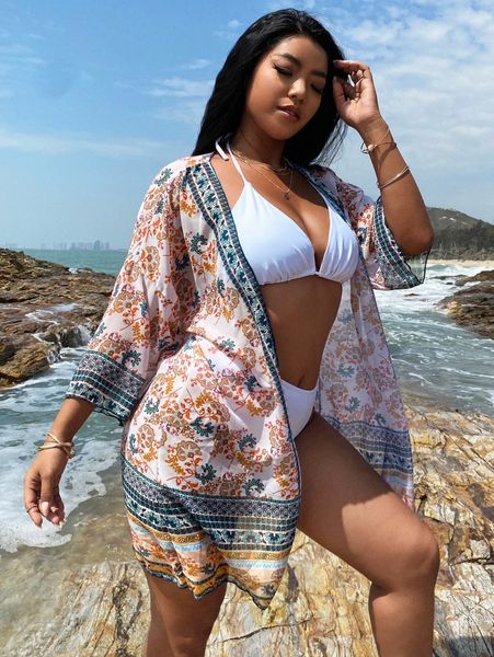 

3pack plus halter triangle bikini swimsuit & floral kimono l431#, Black