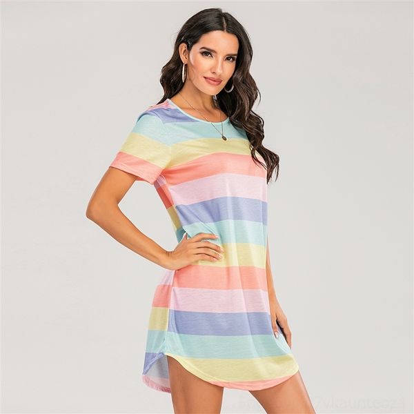 

kkd 2021 plus size dresses t-shirt rainbow stripe loose pajamas large 2021 t-shirt rainbow stripe loose pajamas dress large