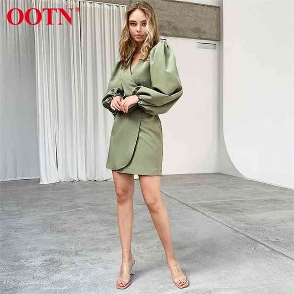 

ootn purple asymmetry mini dress tunic high waist ladies elegant v neck lantern long sleeve green dresses womens fashion, Black;gray