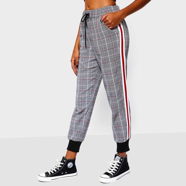 

women's pants & capris fashion plaid sweatpants women spring red stripe side loose hip hop joggers trousers high waist streetwear brand, Black;white