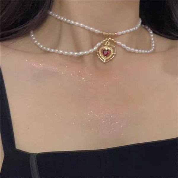

kpop french retro double layers imitation pearls red heart choker short chain necklace for women party aesthetic jewellery pendant necklaces, Silver