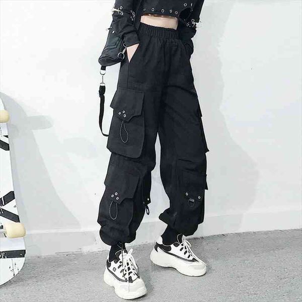 

harajuku black streetwear women casual pants punk harem pants with pockets black female long trousers ribbon ladies, Black;white