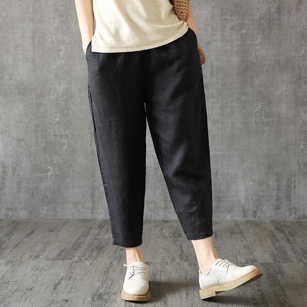 

women's pants & capris linen harem female summer cotton trousers women plus size elastic loose home wear white black color, Black;white