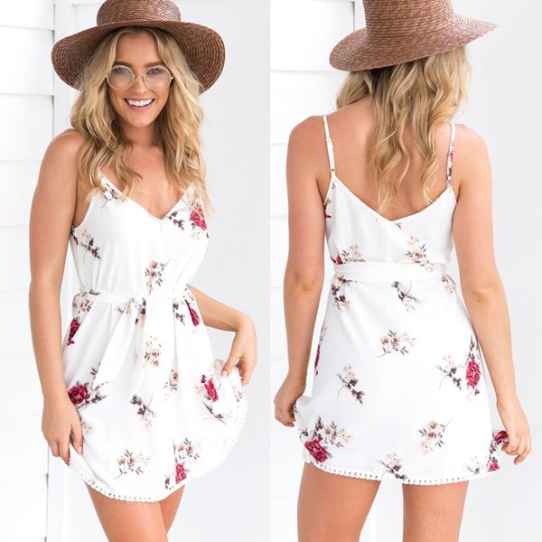 

new fashion women summer casual sleeveless dresses casual short mini ladies flower v-neck floral printed dress, White