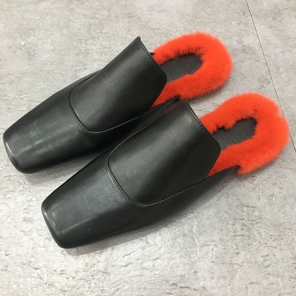 

mules mink fur shoes winter 2021 new mink fur for women fashion luxury female baotou shoes women outside slippers flats, Black