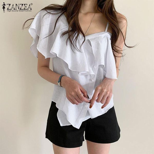 

women's blouses & shirts stylish office lady ruffle blouse women 2022 summer fashion casual solid off shoulder irregular loose ov, White