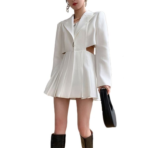 

pleat dress for women spring summer fashion zipper waist two-piece long sleeve solid color slim female lr1142 210531, Black;gray