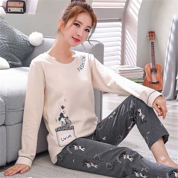 

autumn pajamas for women knitted cotton pajama set homewear pijama mujer long sleeve casual soft big size female sleepwear 211116, Black;red