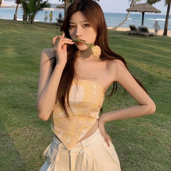 

women's tanks & camis korean fashion tie-dye printed camisole sleeveless short umbilical straps bow knot halter blouse beach vacation, White