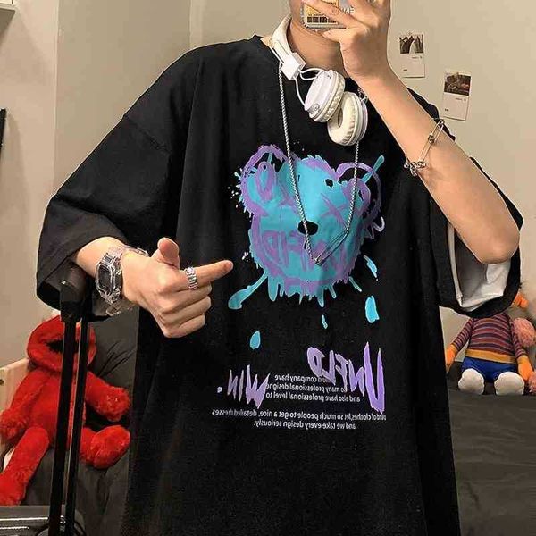 

Hip hop short sleeve t-shirt men's brand ins summer bear graffiti Korean fashion loose 2021 new clothes1, White