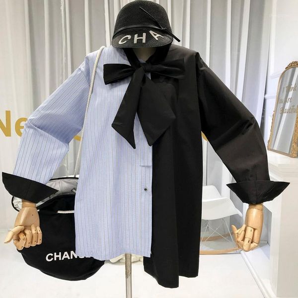 

spring women medium long loose sleeve shirts matching colors striped leisure blouse students irregular women's blouses &, White
