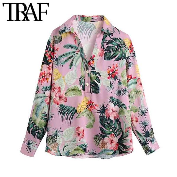 

women fashion tropical print loose blouses vintage long sleeve button-up female shirts chic 210507, White