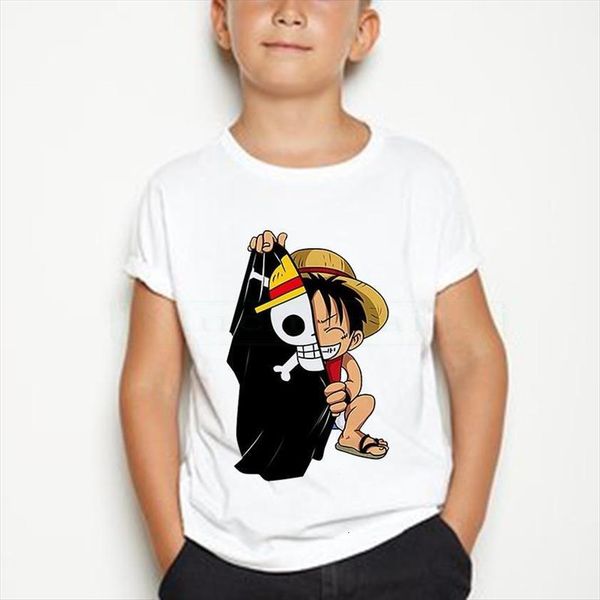 

one piece t shirt kids kawaii japanese anime summer boys girls short sleeve casual cartoon luffy children, Blue