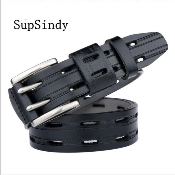 

supsindy leather men belt double pin alloy buckle cowhide male waistband black luxury genuine belts for high quality, Black;brown