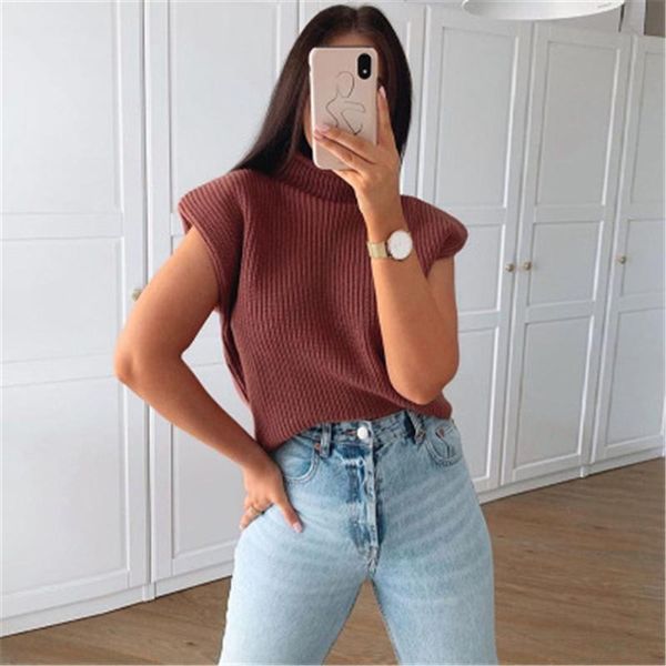 

womens shoulder pads sleeveless sweaters fashion occident trend high neck knitted pullover designer female winter casual loose sweater, White;black