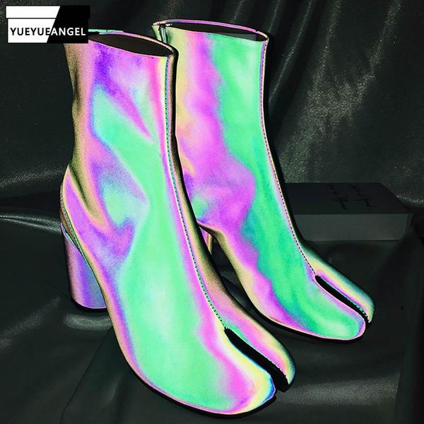 

runway split toes apart ankle boots women luxury designer reflective leather round high heels booties shoes woman 35-39, Black