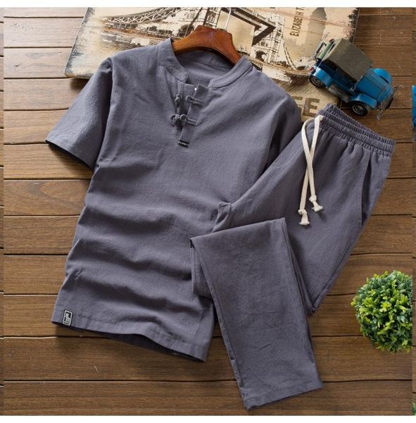 

chinese style tracksuits men's sets cotton linen short-sleeved t shirts + pant summer breathable casual beach set, Gray