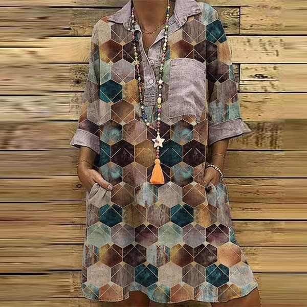 

2021 spring women pocket print party elegant button turn-down collar mini dress vintage three quarter sleeve vestido wrck, Black;gray