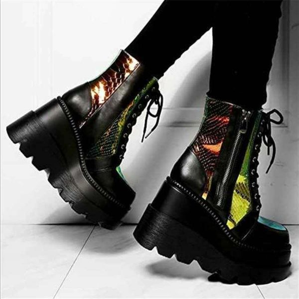 

boots autumn winter pu leather women ankle lace up shoes woman short boot platform heels footwear thick bottom fashion, Black