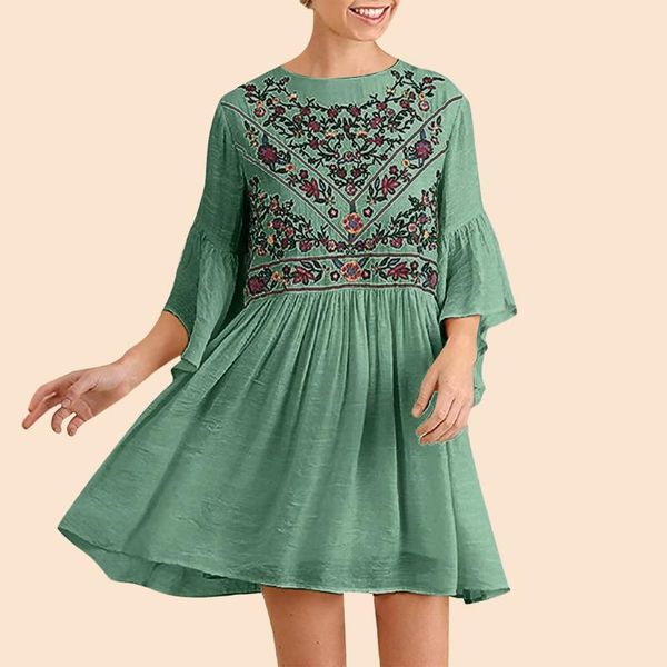 

casual dresses bohemian women mini dress loose flare sleeve splice embroidery round neck female summer comfy beach plus size #t2g, Black;gray