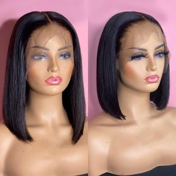 

lace wigs 13x4 transparent straight short bob frontal 180% peruvian remy hair pre plucked human wig for women, Black;brown