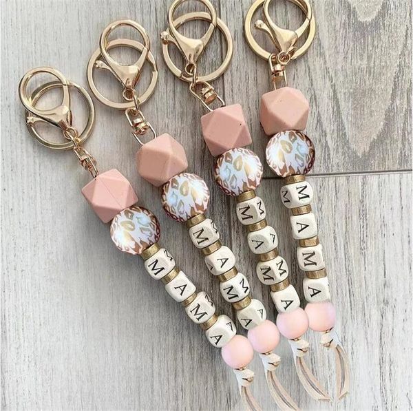 

2022 new mother's day gift leopard print silicone wood bead mama keychain keychain for mom, Silver