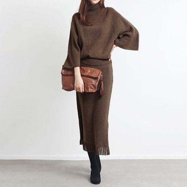

women's two piece pants women sweater suit set office elegant casual tassel loose knitted pullover pencil skirts female 2 coffee green, White