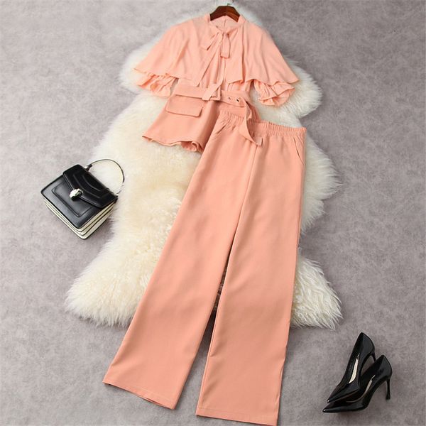 

women's two piece pants female fashion designer spring 2 order elegant outfits print extension sleeve chiffon shirt and hihg waist suit, White