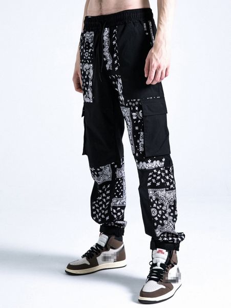 

men paisley scarf print flap pocket drawstring waist pants j4o0#, Black