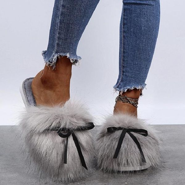 

winter solid chic house women fur slippers warm plush bedroom flat shoes comfy slipper, Black