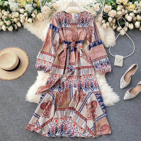 

casual dresses women's spring autumn dress retro print pattern round neck long-sleeved waist lace ruffled female ll952, Black;gray