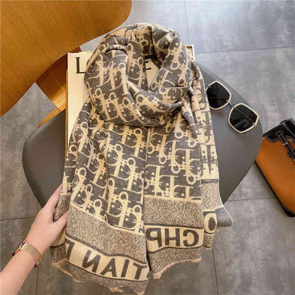 

70% off design scarf 2021 new imitation cashmere women's autumn and winter shawl letter long thickened warm double-sided bib, Blue;gray