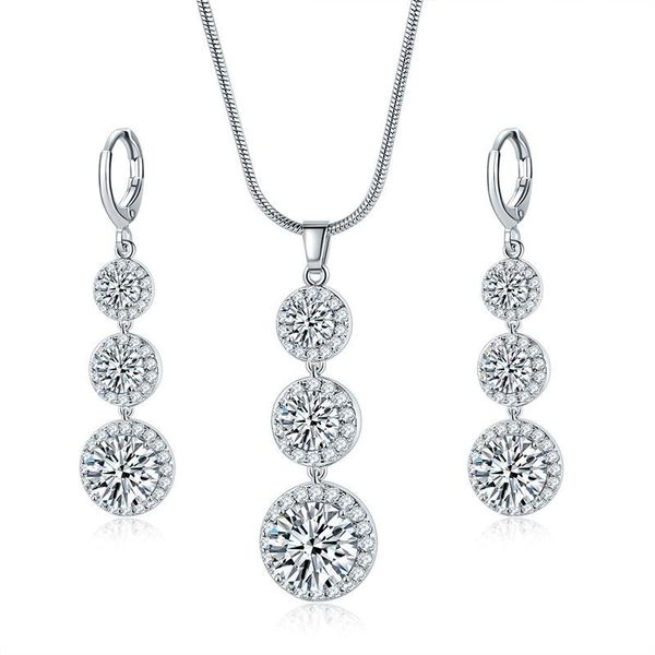 

pendant necklaces female three round zircon fashion silver plated long dangle neckalce set jewelry party engagement gift