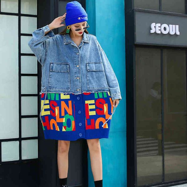 

large size mesh seam denim female autumn and winter korean style sleeve mid-length jacket, Black;brown