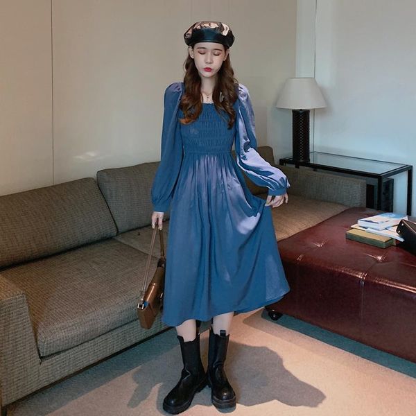 

casual dresses kingdoms in area b ~ vintage french long closed temperament show thin waist drape long-sleeved dress skirt, Black;gray