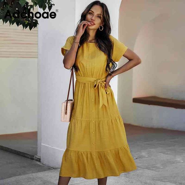 

summer women solid elegant midi with belt short sleeve holiday casual dress female o neck beach sundress 210413, Black;gray