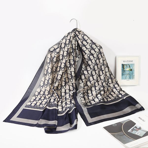 

summer high-grade satin anti female workplace d letter silk scarf sunscreen shawl, Blue;gray