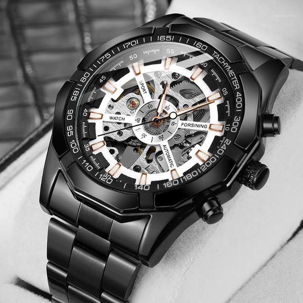 

forsining men skeleton dial transparent automatic watch roman numerals silver waterproof stainless steel sport mechanical wristwatches, Slivery;brown