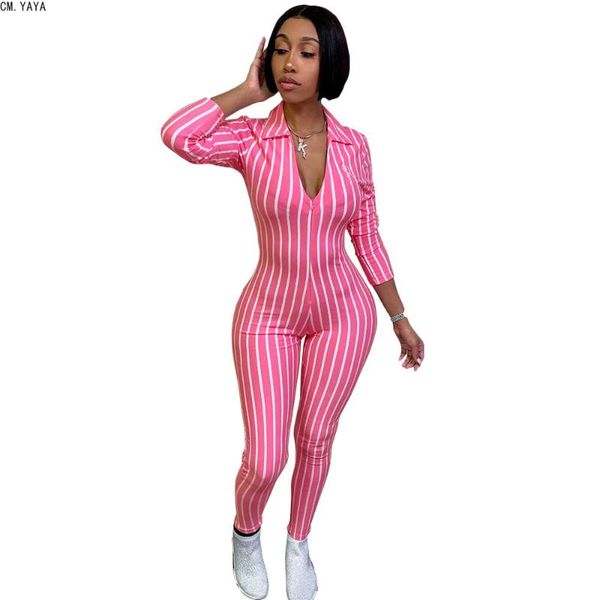 

women's jumpsuits & rompers cm.yaya women autumn deep v neck turn-down collar long sleeve striped casual bodycon overall romper playsui, Black;white