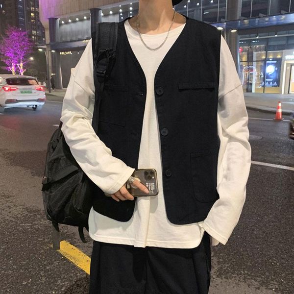 

men's vests workwear vest summer korean retro wild loose harajuku style casual black/khaki 2 colors jacket, Black;white