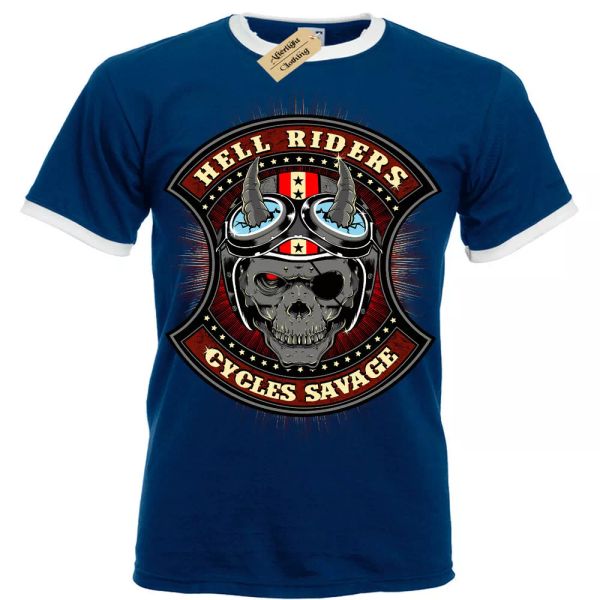 

infierno riders camiseta motos savage skull demonio hombre ringer, White;black
