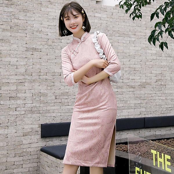 

elegant pink cheongsam chinese style vestido classic women dress traditional mandarin collar qipao ethnic clothing, Red