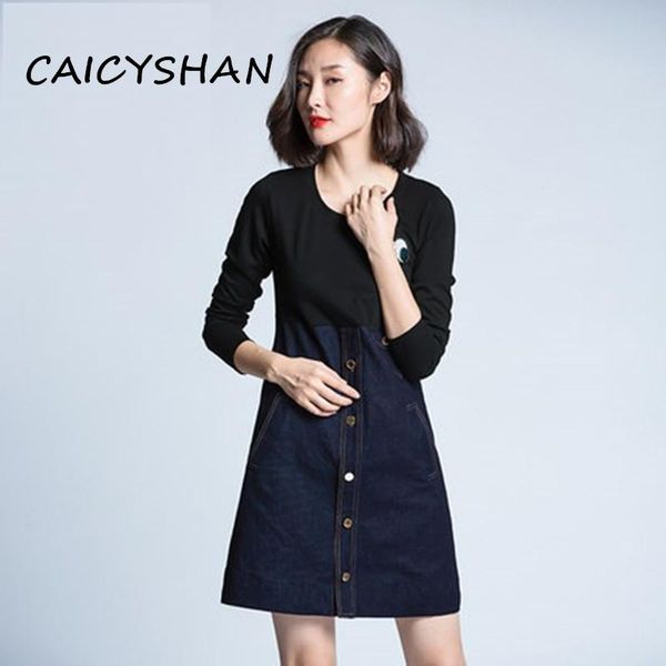

casual dresses spring autumn women vestidos plus size long sleeve patchwork jeans dress for large denim one-piece 5xl, Black;gray