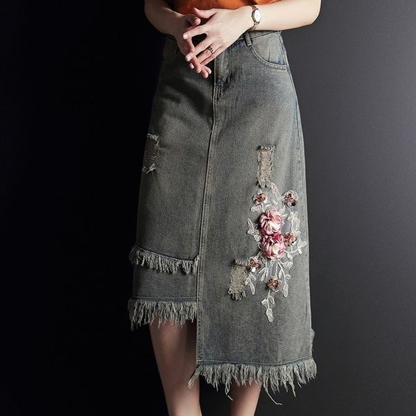 

skirts spring summer of the vintage embroidered sequins women skirts high-waisted jeans torn narrow gauge asymmetric thin length mean skirt, Black