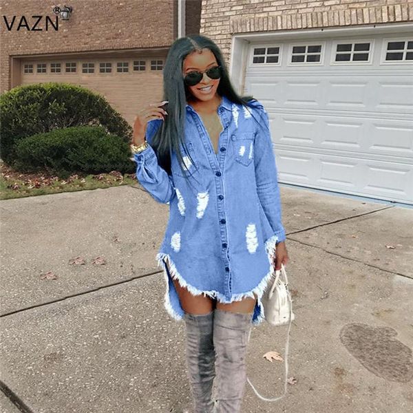 

casual dresses vazn autumn 2021 fashion women dress solid full sleeve high street style loose mini denim od8217, Black;gray