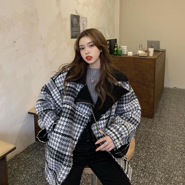 

women's wool & blends 2021 autumn and winter houndstooth woolen coat all-match retro thickened small, Black