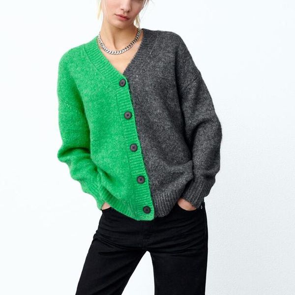 

women's knits & tees aloy fashion autumn winter sweaters women elegant panelled patchwork sweater front breasted cardigan ladies, White