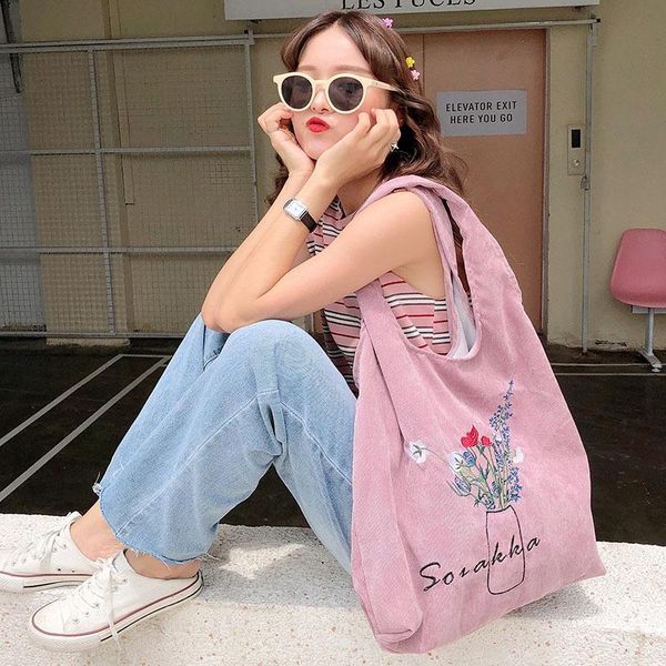

corduroy embroidery woman hand bag shopping cotton tote foldable eco friendly reusable bags for girls